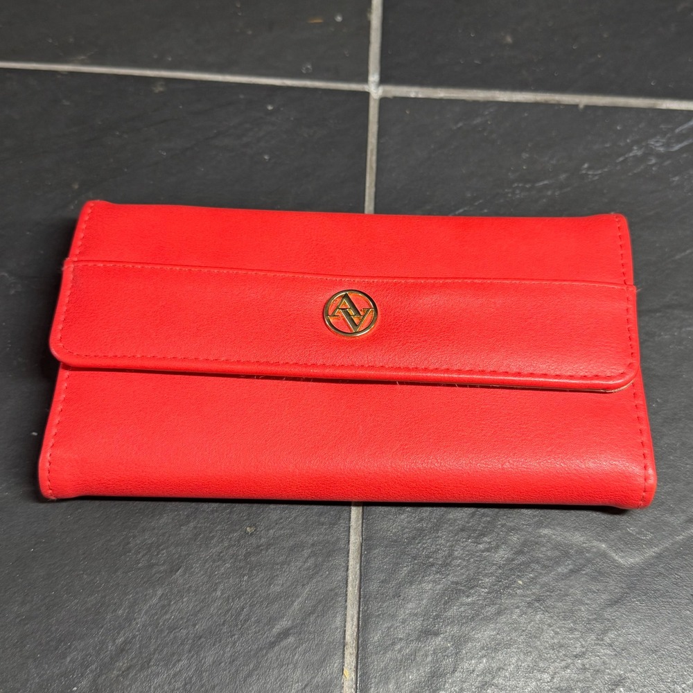 Adrienne Vittadini Red Faux Leather Continental Wallet‎ Gold Logo Snap Closure